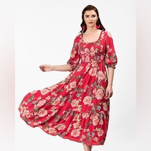 Wayward Fancies Eshakti Flora Print Ruched Half Sleeve Ruffle Trim Scoop Dress